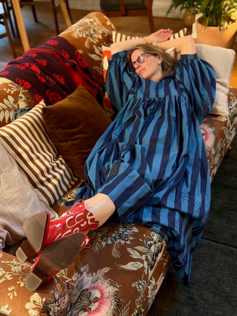 Navy and light blue stripe house dress, evening