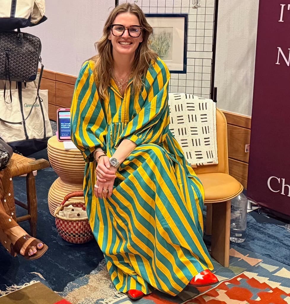 Teal and yellow stripe house dress, daytime