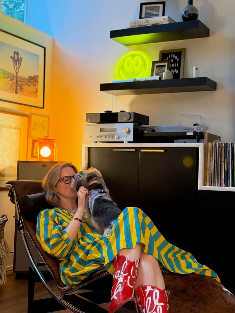 Teal and yellow stripe house dress, evening